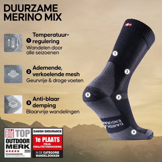 Zwarte merinosok met grijze accenten. Beschrijft temperatuurregulering, ademend mesh en anti-blaar demping.
