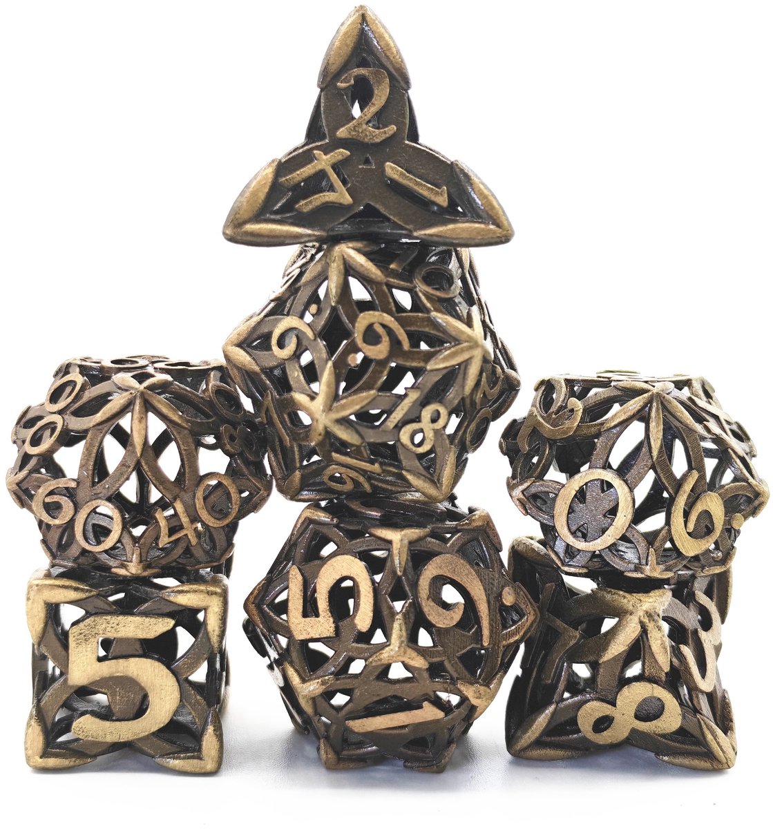 Lapi Toys - Dungeons and Dragons dobbelstenen - D&D dobbelstenen - D&D polydice - 1 set (7 stuks) - Metal dice - Metalen dobbelstenen - Metal hollow dice - Metaal - Koperkleurig