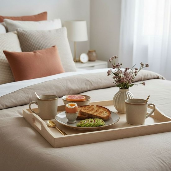 Houten dienblad met ontbijt op bed: mokken, toast, ei en fruit, met beige servies.