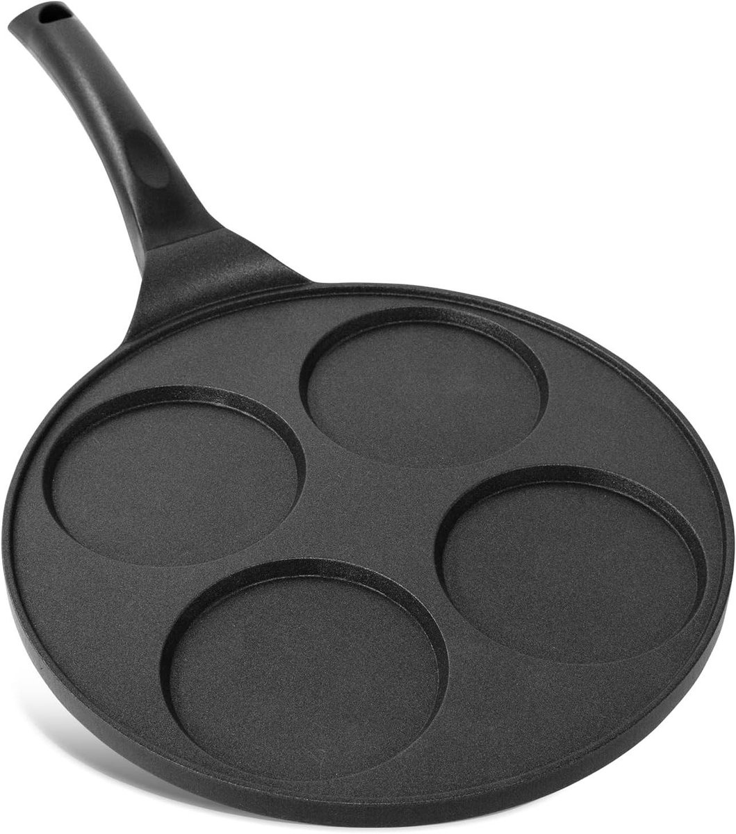 Pannenkoekenpan met 4 gaten Spiegelei pan Ontbijt maken Gelijkmatige warmteverdeling 26.5 cm Zwart