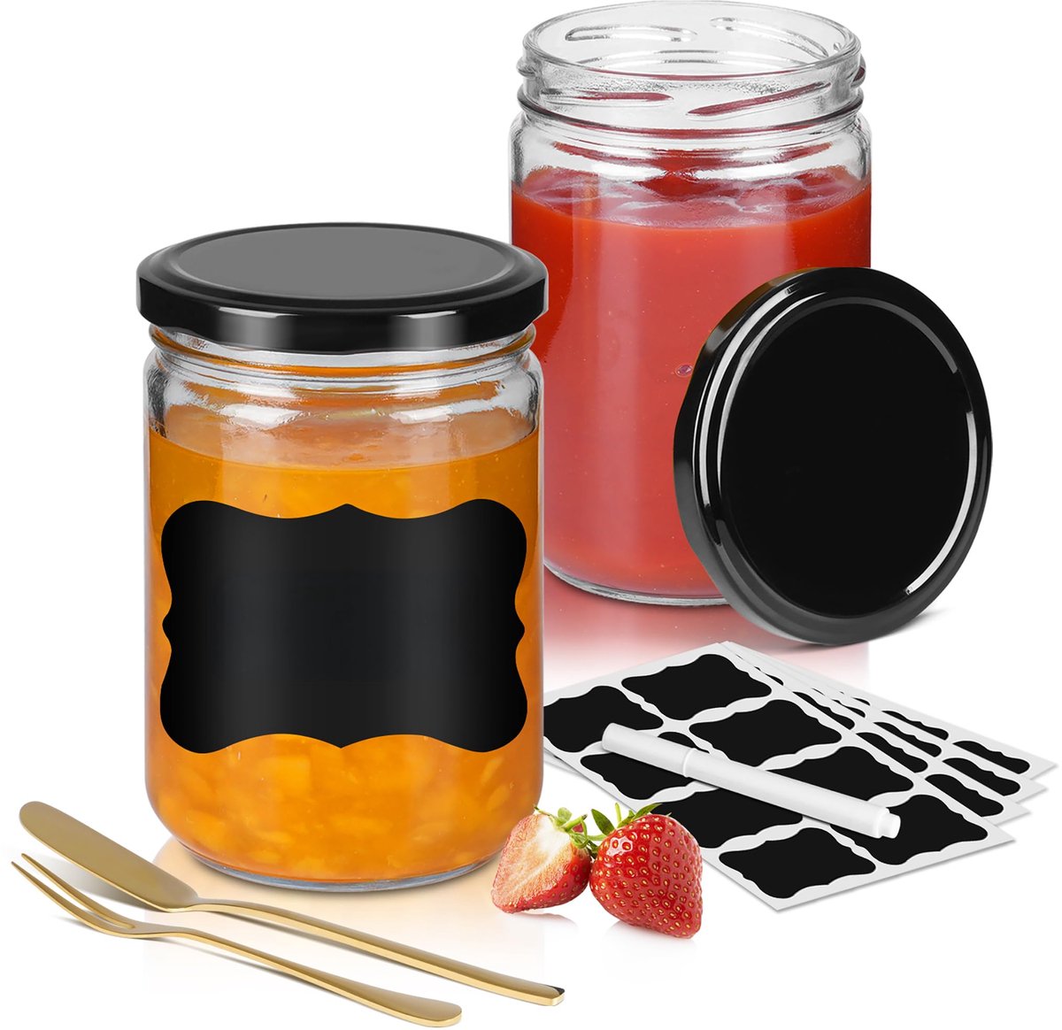 Froadp 350ML Met Deksel Marmeladekruiken 24 Stuks, Glazen Bewaarpotten Set met Etiketten, Stift, Spatel en Vork voor Voedselopslag, DIY, Cadeaus, Decoratie - Zwart