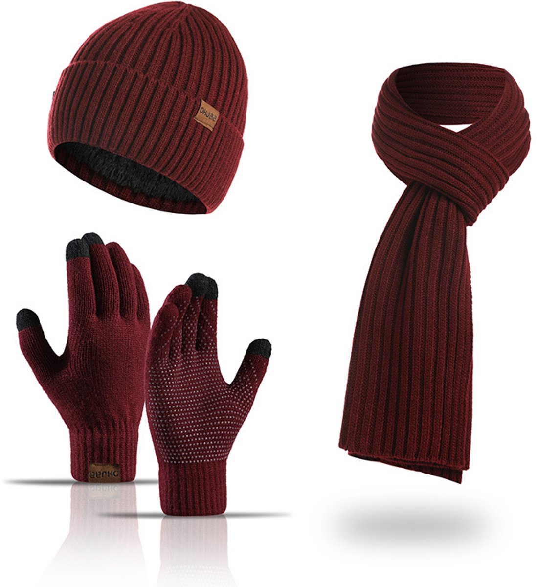 3 Stuks Wintermuts, Muts, Sjaal en Handschoenen Set - Heren, Dames, Skimuts, Touchscreen Wanten - Bijpassende Hoeden voor Heren, Dames - Wijnrood