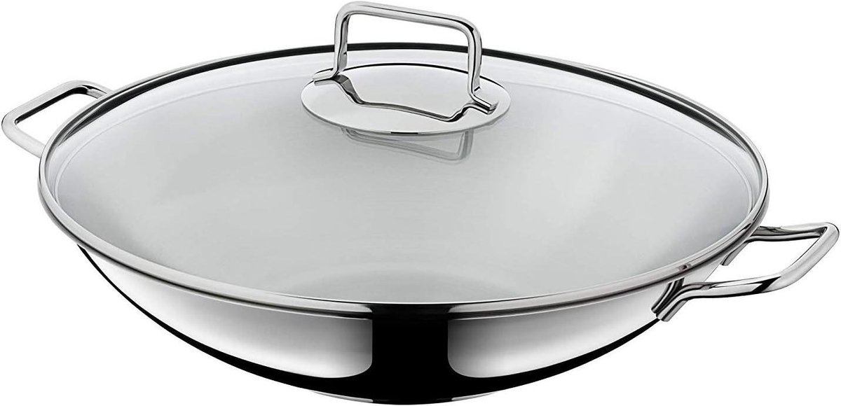 Wokpan met Deksel - Roerbakpan Aziatische pan - Gezond Koken - Universele Bodem - 36 cm - Zilver