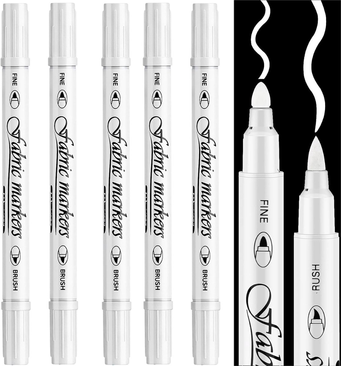 Textielstiften set van 5 - Dual tip - Wasbaar - Perfect voor T-shirts en stoffen tassen - ShopVlot