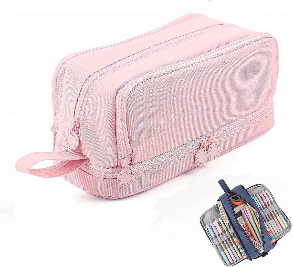 KZQ Grote Pencilcase met 4 Gescheiden Vakken en Indexlabels, Multifunctionele Etui voor Schoolbenodigdheden, Geschikt als Cadeau-Roze