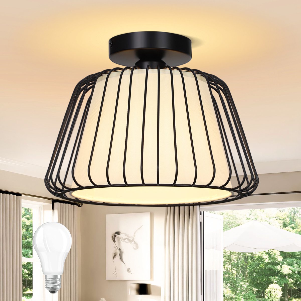MUPOO Moderne Plafondlamp Zwart met Witte Stoffen Lampenkap –Industriële plafonniere- 3 Lichtkleuren & Geheugenfunctie – Inclusief 9W E27 LED Lamp –plafondverlichting Voor Woonkamer, Slaapkamer, Eetkamer en Hal – Ø30 cm