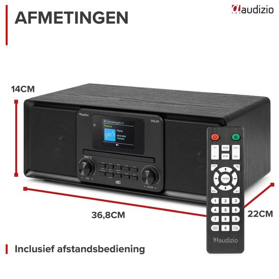 Zwarte Audizio Palmi radio met afmetingen 36,8cm x 14cm x 22cm en meegeleverde afstandsbediening.