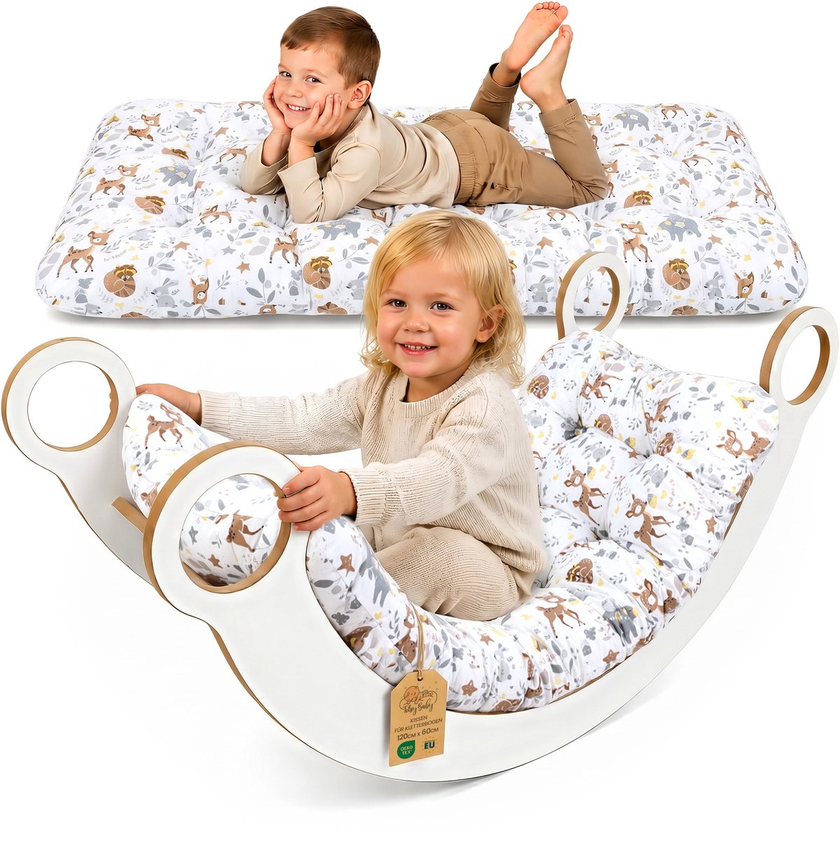 Klimboog kussen & vloerkussen voor kinderen 60x120 cm - vloermatras omkeerbaar – zitkussen voor de wipstoel spelen lezen ontspannen kinderkamer katoen Oeko-Tex Hert met beren