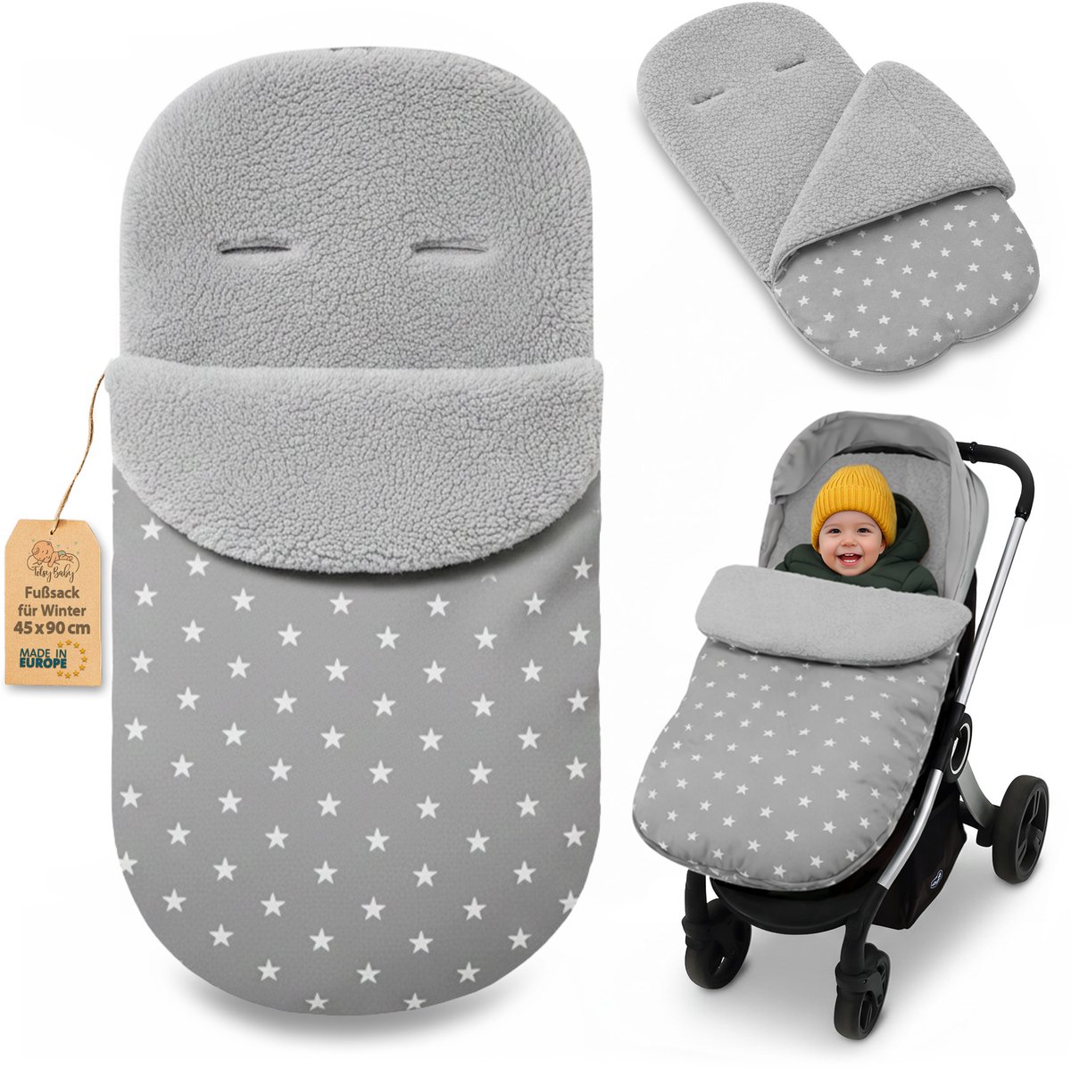 Voetenzak Kinderwagen en Buggy voor de Winter 90x45 cm - Winter Voetenzak Warme Inleg Omslagdeken Baby Accessoire warm Boucle Oeko-Tex certificaat Sterren en grijs