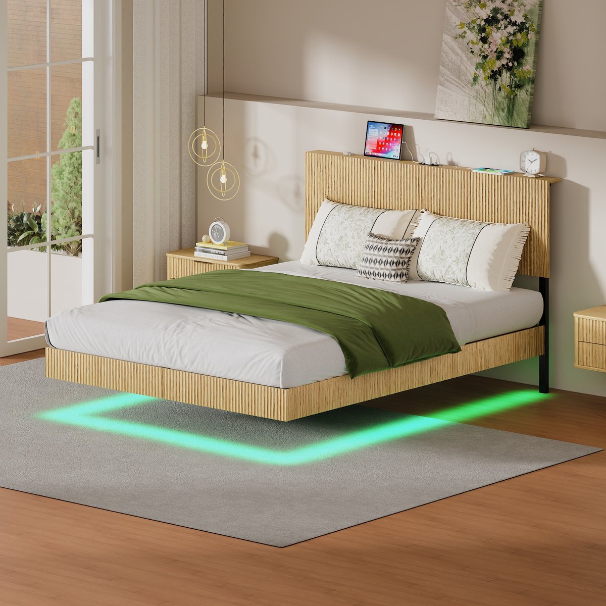 Metalen bedframe 140 x 200 cm - Met opbergruimte - LED-verlichting - Met hoofdbord - IJzer/Spaanplaat - Naturel