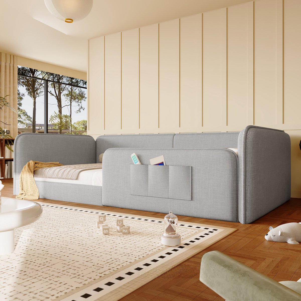 Bedframe 90 x 200 cm - Met veiligheidsrail - Met wielen - Linnen - Grijs
