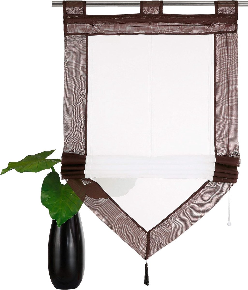 Voile transparant vitrage met tweekleurig design met kwastjes raamgordijnen Panneaux met trekkoord gordijn HxB 140x80cm koffie 1er Pack