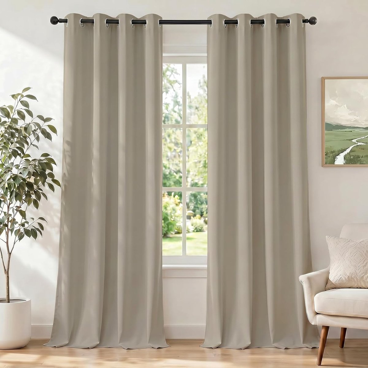 Gordijnen Kant En Klaar Set Van 2, 117x137cm, Gordijnen Verduisterend Met Ringen, Thermische Gordijn, Verduisteringsgordijn, Thermogordijnen, Deurgordijn Voor Slaapkamer Woonkamer, Beige