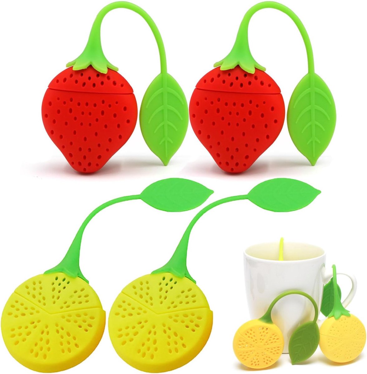 4-delige siliconen thee-ei set - siliconen theezeefjes voor losse bladeren of kruidenthee, schattige fruitvormige aardbeien en citroenen