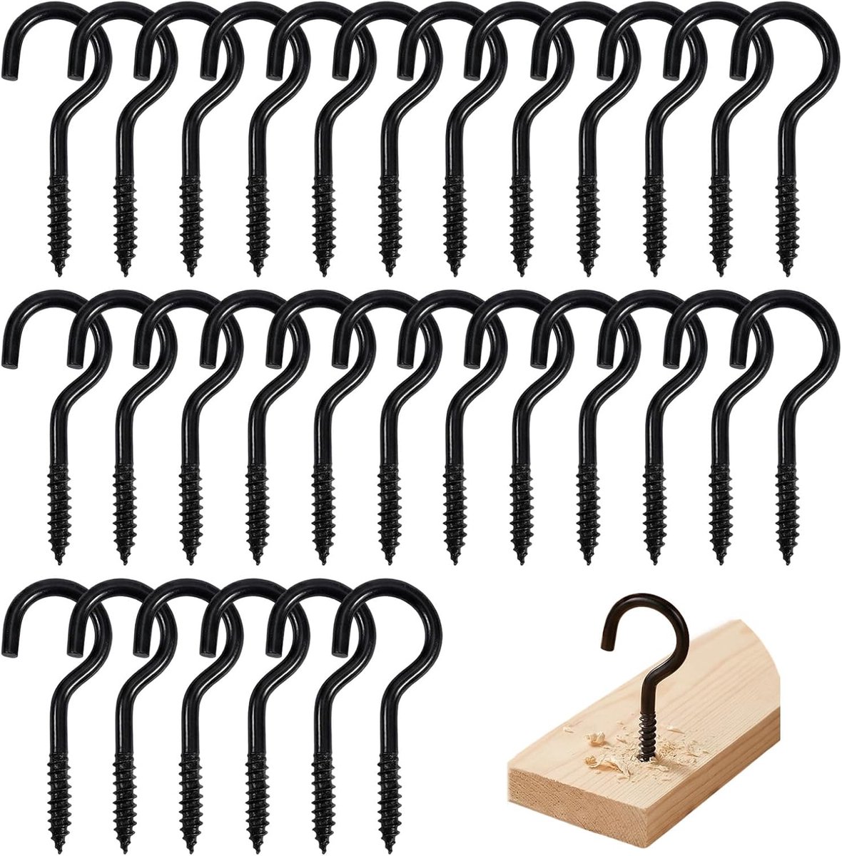Haken zwart, 30 stuks haken om te schroeven, koolstofstaal, 50 mm plafondhaken, haakschroeven, schroefhaken, groot, voor hangmatten, hangstoelen, vaste kabels, luifels, haken en