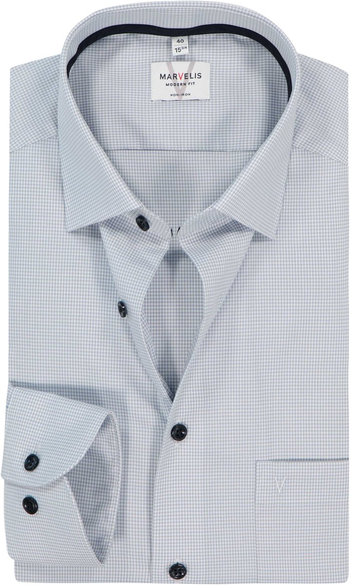 MARVELIS modern fit overhemd - popeline - zilvergrijs met wit geruit - Strijkvrij - Boordmaat: 45 (EU maat: XXL)