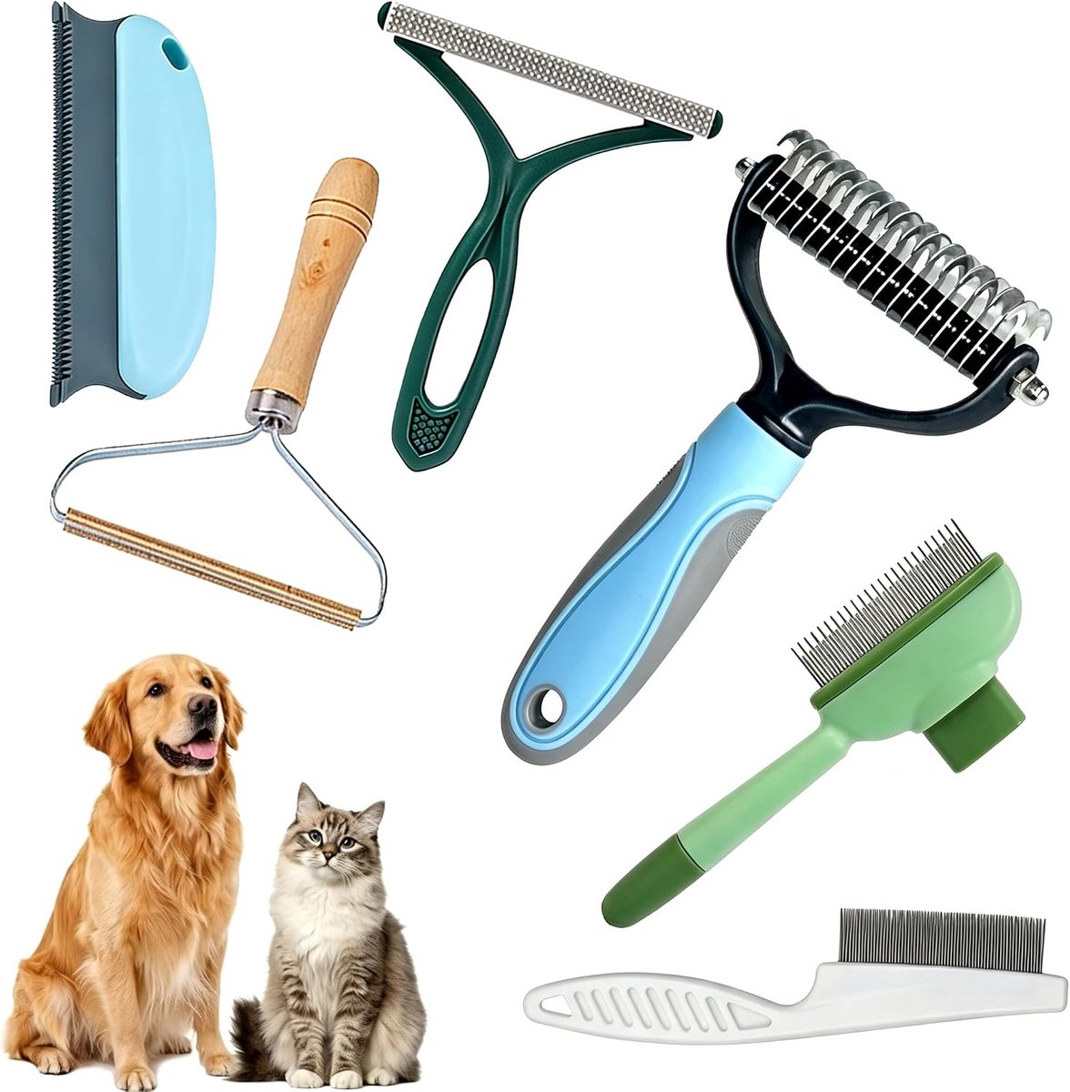 6-in-1 premium dierenverzorgingsset, kattenborstel en hondenborstel voor ondervacht, vlooienkam voor honden en katten en dierenhaarverwijderaar voor meubels, auto en kleding, voor lang en kort haar