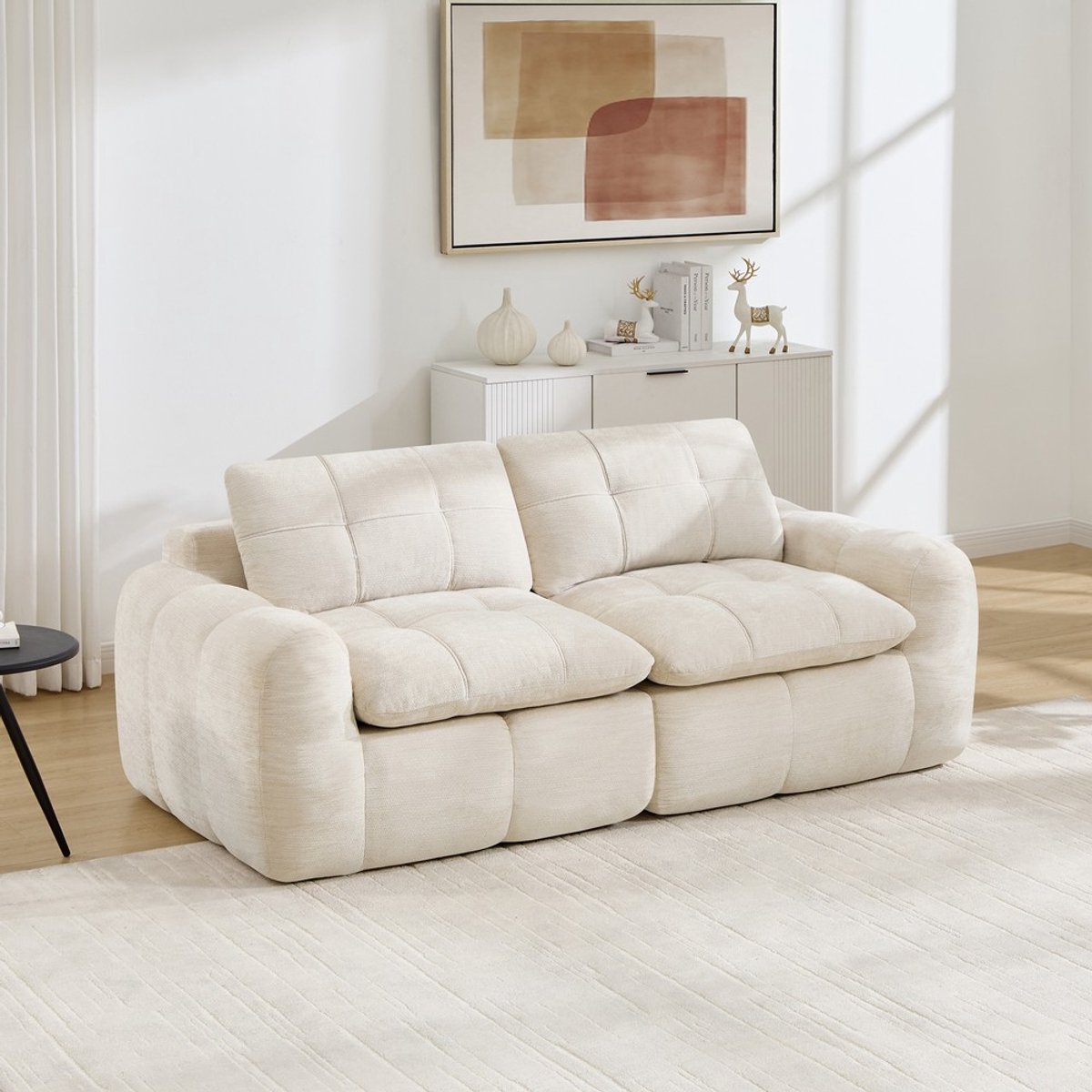 Pugsdrly 2-zits modulaire bank, vierkante tufting, 32D schuim met hoge dichtheid, chenille, diepe zitting, minimalistisch, montagevrij, voor appartement, woonkamer & slaapkamer, beige