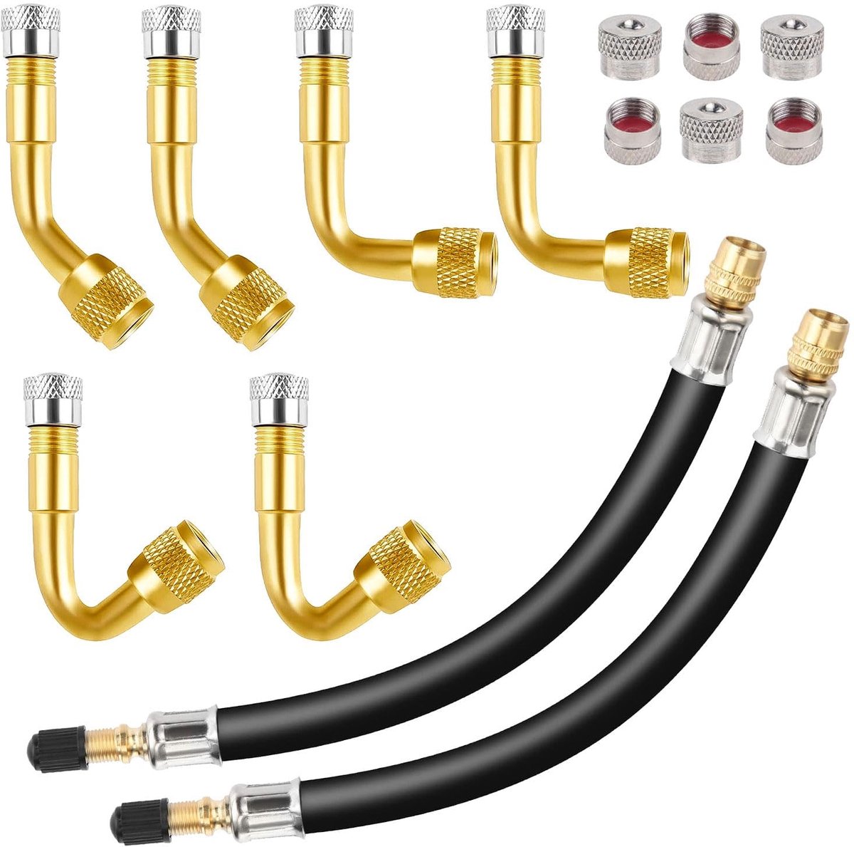 Ventielverlengers, adapter 45 °, 90 °, 135 °, van messing, slangenset voor het oppompen van bandenventielen en metalen doppen, voor vrachtwagen, auto, motorfiets, fiets, scooter