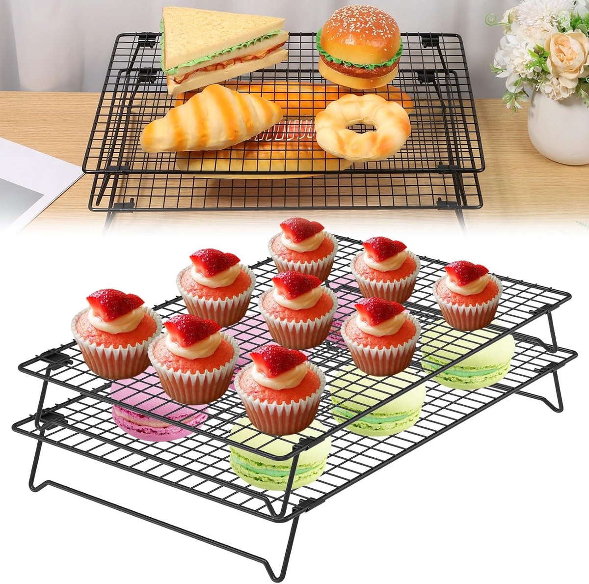 2-delig koelrooster, ovenrooster van koolstofstaal om te bakken, ruimtebesparend en duurzaam draadrooster, stapelbaar taartkoelrooster voor gebakken muffins, koekjes, koekjes (42,8 x 28 cm)