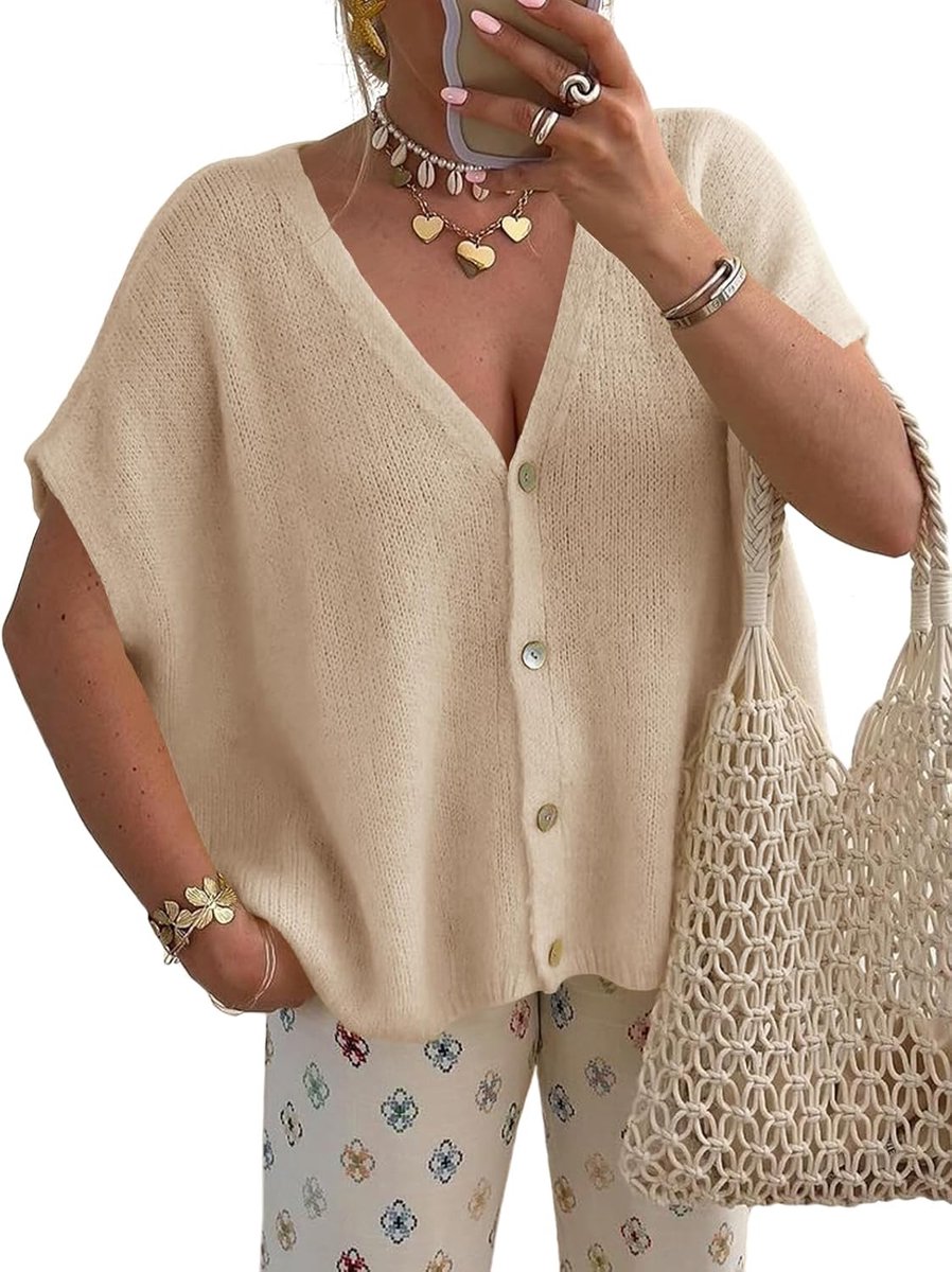 Gebreid vest dames korte mouwen V-hals cardigan oversized vleermuismouwen zomer gebreid vest effen licht knoopsluiting sweater top kaki L