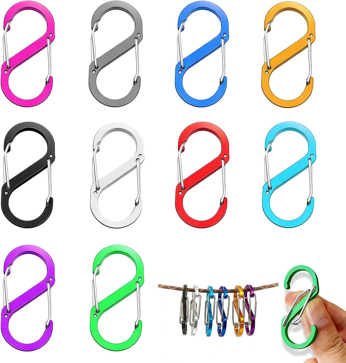 Haken – Set van 10 kleurrijke dubbele karabijnhaken 50 mm – Kleine aluminium S-haken voor wandelen, outdoor, kamperen, vissen en dagelijks gebruik