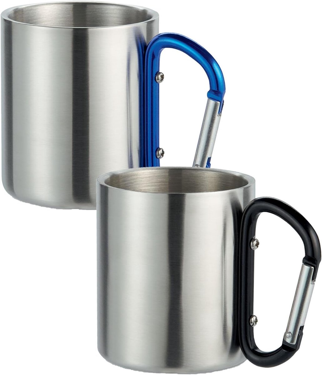 noTrash2003 2 dubbelwandige roestvrijstalen koffiekopjes met karabijnhaak voor bevestiging aan de rugzak met karabijnhaak in zwart en blauw