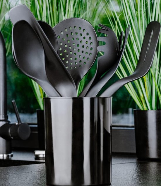 Keukenhulpset van nylon, keukengerei, kookgerei, kookset, spatel, pannenkoeken, spatel, lepel, scheplepel, vork, pasta, lepel, houder, zwart, 7 delen — afbeelding 2