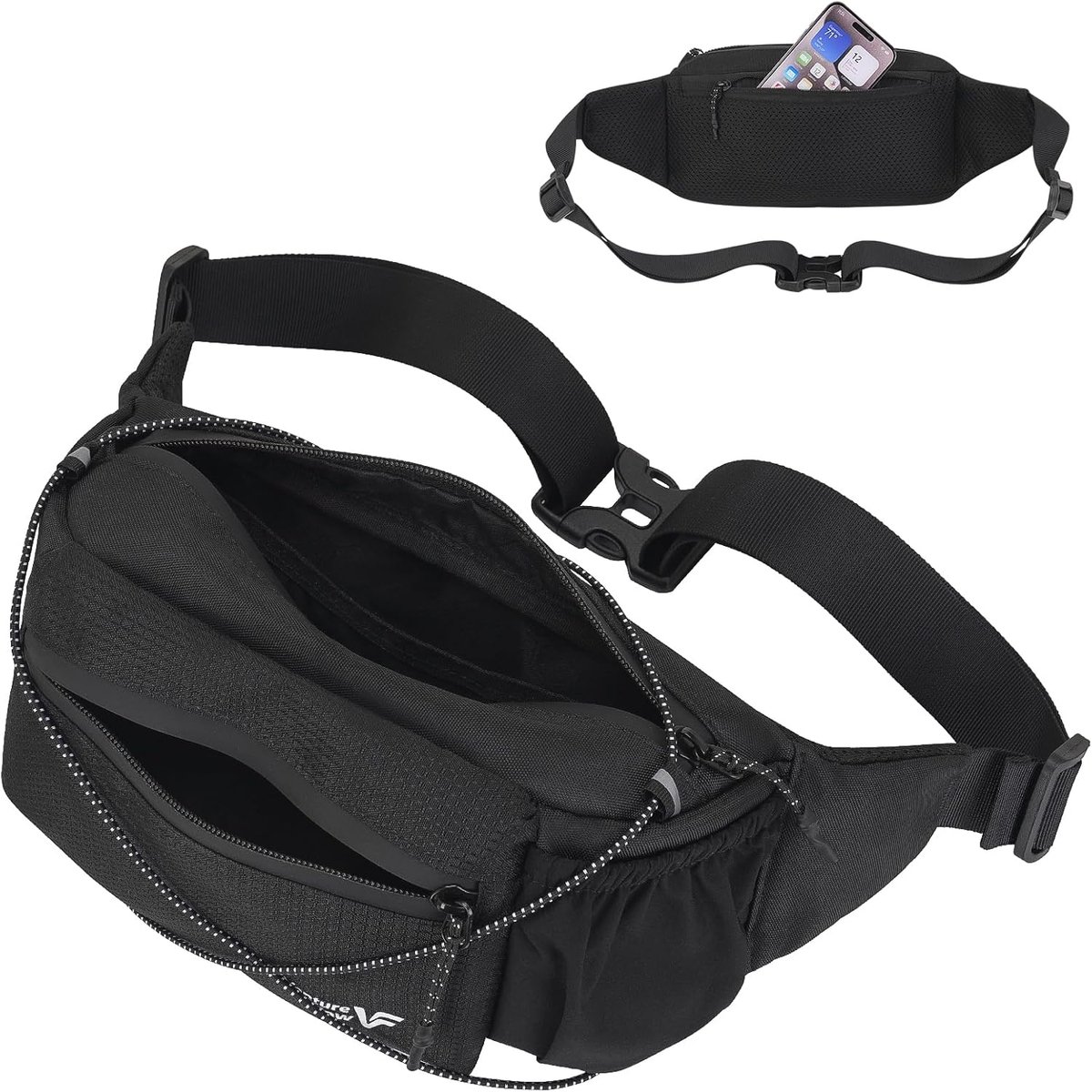 Heuptas met veiligheidsvak, grote heuptas met bevestigingslus, borstzak, bruikbaar voor wandelen, fietsen, skiën en reizen, zwart, Sports