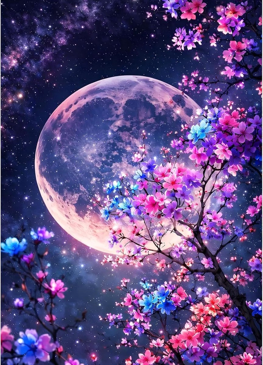 DIY Bright Moon 5D Diamond Art Kits, rond, volledige boor sprankelende kleurrijke bloemen diamant schilderij foto, maan schilderen op nummer kunst kits voor volwassenen beginners thuis muur