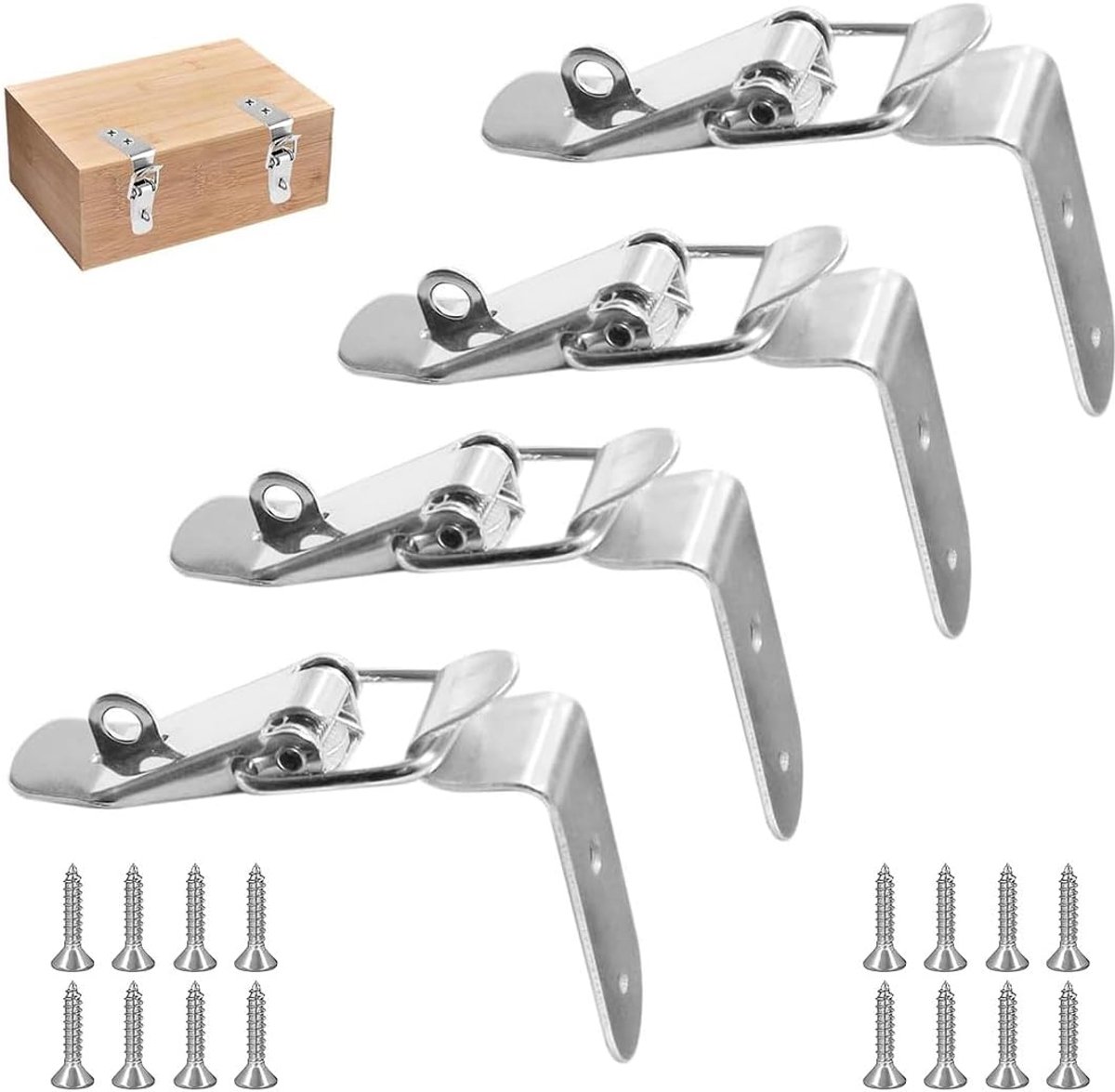 4 stuks spansluiting van roestvrij staal 304, 90° haakslot voor kisten, met 16 schroeven en slotgat, 76 mm x 24 mm, zilverkleurig, voor gereedschapskoffers, kasten en houten kisten