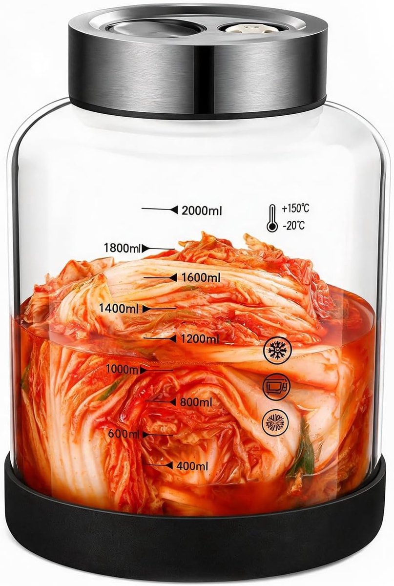 Fermentatieglas met deksel, 2 liter, van borosilicaatglas met automatisch ventiel, fermentatieglas voor kimchi, zuurkool en komkommers, luchtdichte gistcontainer met schaal en antislip bodem