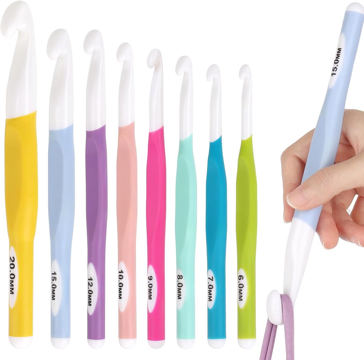 Haaknaalden Grote Maat 20mm 15mm 12mm 10mm 9mm 8mm 7mm 6mm, Plastic Inline Haaknaalden Set Ergonomisch voor Artritische Handen & Beginners, Grote Haaknaalden Set voor Grof Garen/Deken/Tapijten