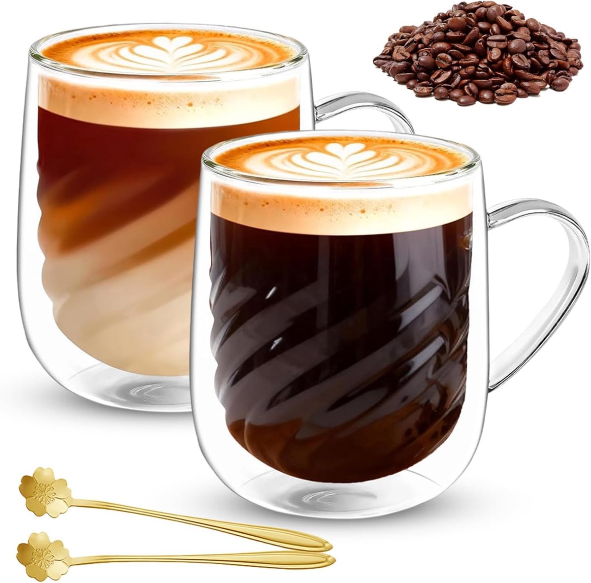 koffieglazen 350 ml, 2 stuks latte macchiatglazen met handvat en lepels, cappuccinoglazen van borosilicaatglas voor warme dranken, ijskoffie, thee, melk, bier (2 x 350 ml + 2 lepels)