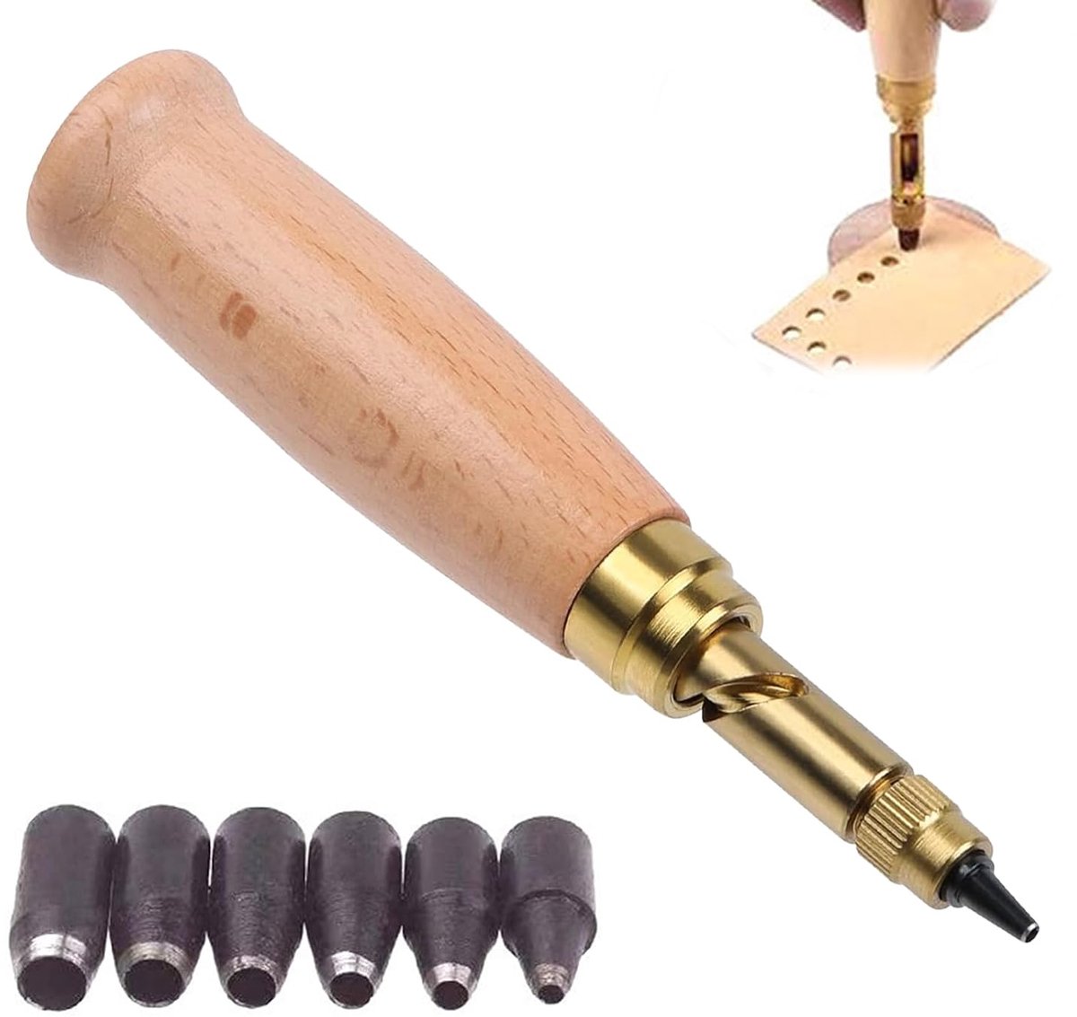 6-delig Automatische Lochstanzer, Lochstanzer, Lochstanzer Papier, Lochstanze, Lederlocher, 6 maten: 1,5 mm, 2 mm, 2,5 mm, 3 mm, 3,5 mm, 4 mm, houten handgreep, Locher voor het naaien van leer en