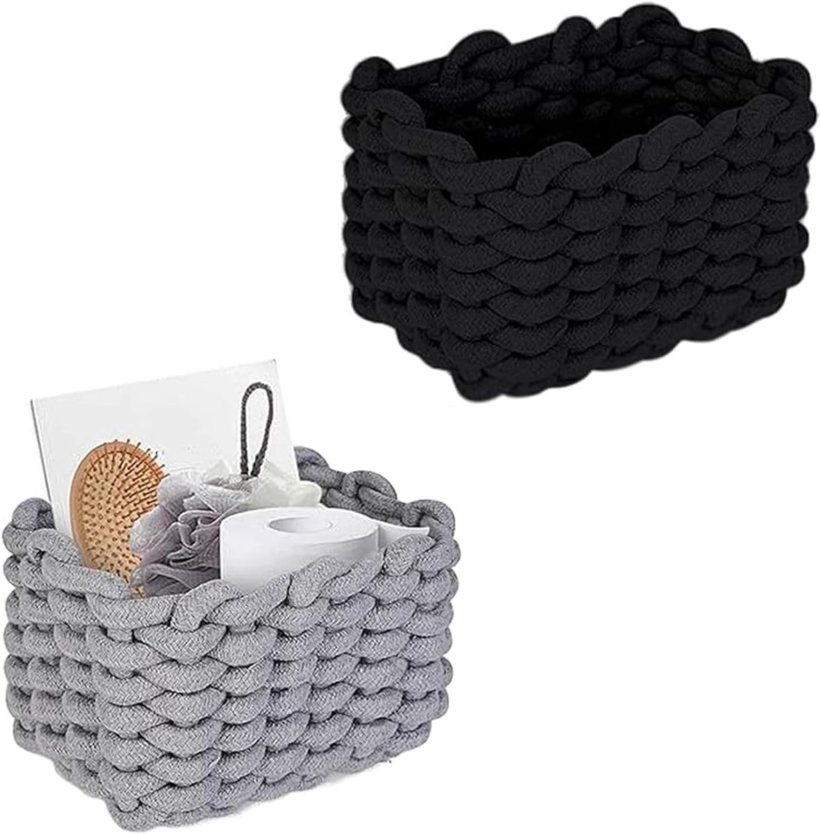 katoenen gebreide mand, 2 stuks, gevlochten opbergmand, 19 x 15 x 12 cm, kleine mand, gevlochten katoen, voor bureaus, kaptafels en badkamer, zwart, grijs