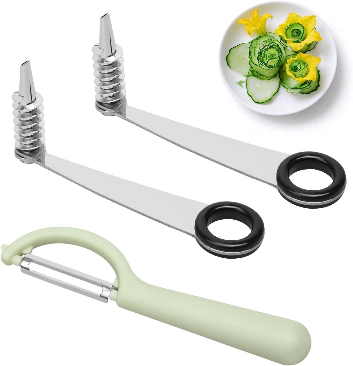 2 stuks roestvrijstalen spiraalsnijder aardappel incl. dunschiller (2-in-1 set) handgeleid keukengereedschap voor creatieve groente- en fruitbereiding ideaal voor komkommers wortelen