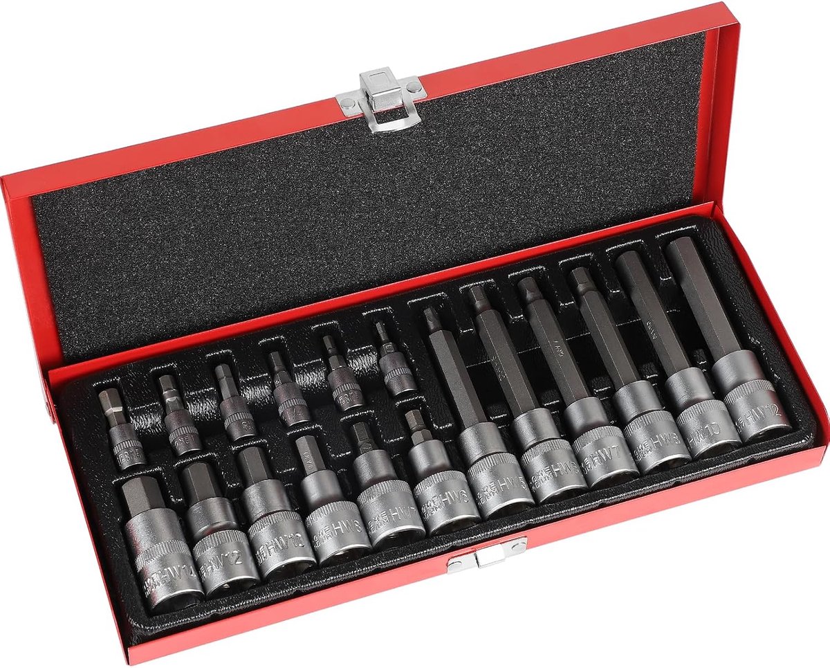 18-delige dopsleutelset 1/2 inch H6-H14 (55mm lang), H5-H12 (100mm Lang) & 1/4 H3-H8 Zeskantuitgang Zesmoer Metalen doosset