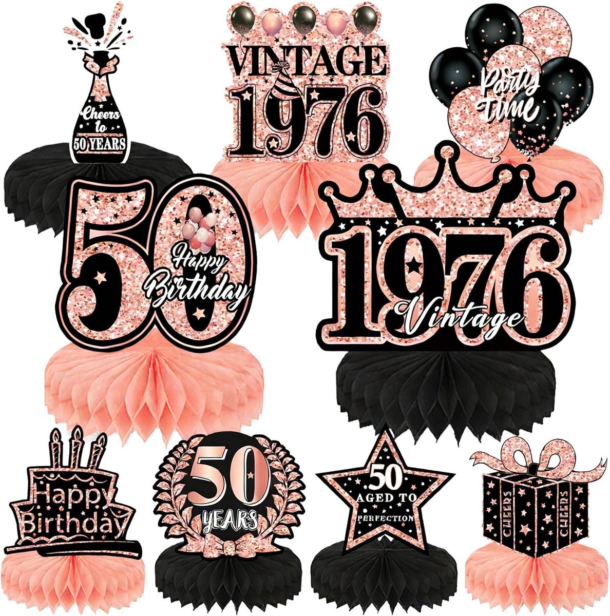 9 stuks 50e verjaardag decoratie, 50e verjaardag man decoratie, honingraat middenstuk tafeldecoratie voor verjaardagsfeestdecoratie