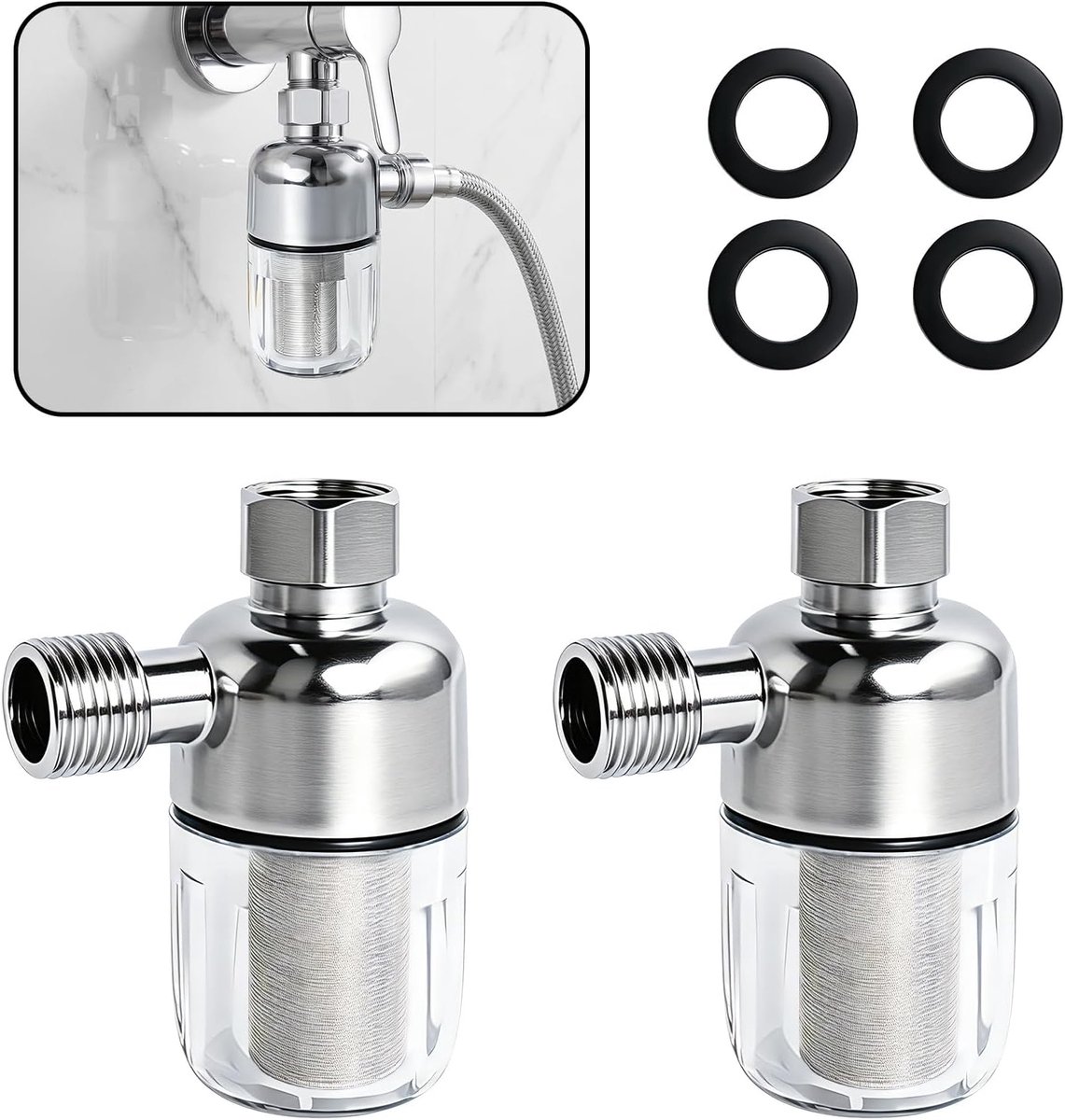 2 stuks waterfilters douche voorfilter kalkfilter herbruikbaar met 40μm roestvrij staal filterelement douchefilter voor kraan, wasmachine en doorstroomboiler