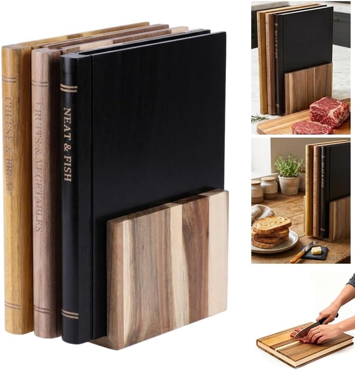 Snijplankenset in boekdesign, 3-delig, massief hout met houten standaard, antislip basis voor fruit, groenten, vlees, vis, kaas en brood