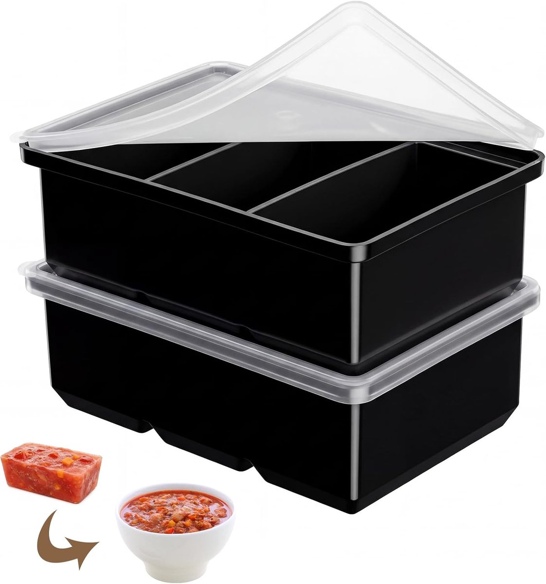 Set van 2 soep, invriezencontainers, soeppenblok, siliconen vriescontainer met deksel, BPA-vrij, soep, vriezer, ijsblokjesvorm voor bouillon, saus, ijs (zwart, 220 ml)