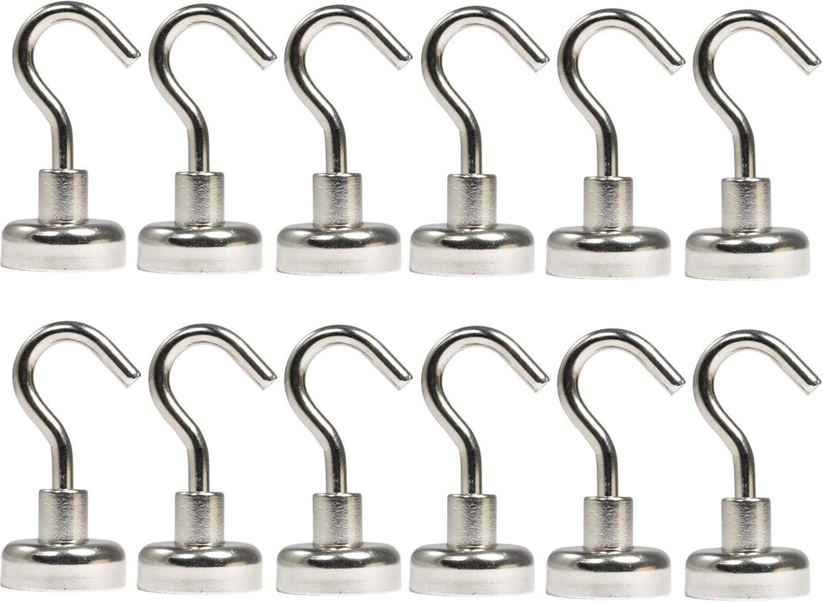 Magneethaken, neodymium magneethaken, 20 mm, 12 kg, extra sterke potmagneet met schroefdraad M4, magneethouder met haak om op te hangen, ronde platte grijper, 12 stuks