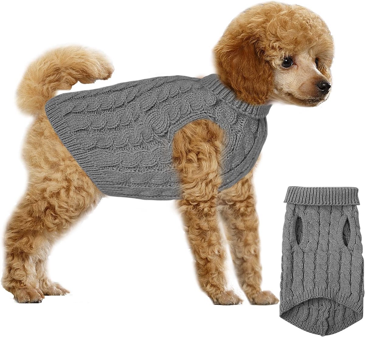 huisdiertrui, winter, warme hond, kattentrui, kleine honden, rolkraag, gebreide trui, bovenkleding voor kleine, middelgrote honden en katten (grijs, L)
