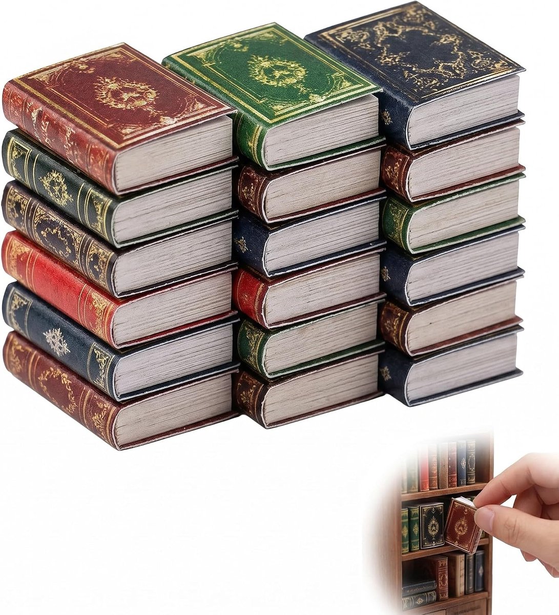 18 miniatuurboeken voor poppenhuis, 1:12, klassieke en gedetailleerde collectie, antieke accessoires voor realistische scènes, vintage decoratie voor bibliotheek en slaapkamer