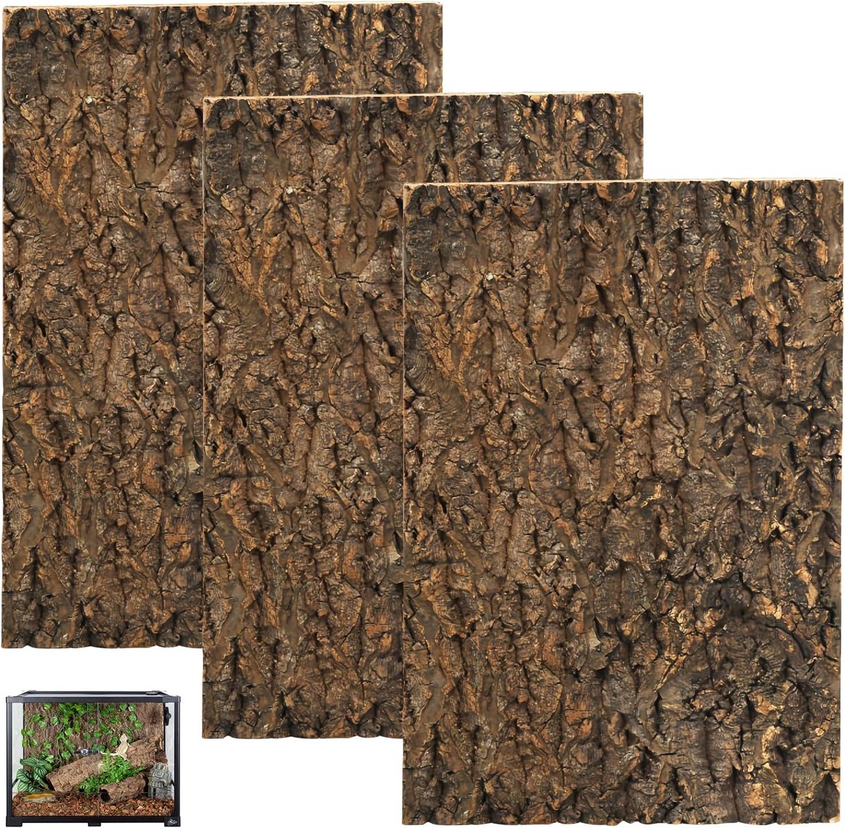 3 stuks kurkschors achterwand voor terrarium, natuurlijke kurkschors, decoratie, 20 x 30 cm, reptielenklimmat, boomschors-look voor reptielen, gekko, baardagame en schildpadden