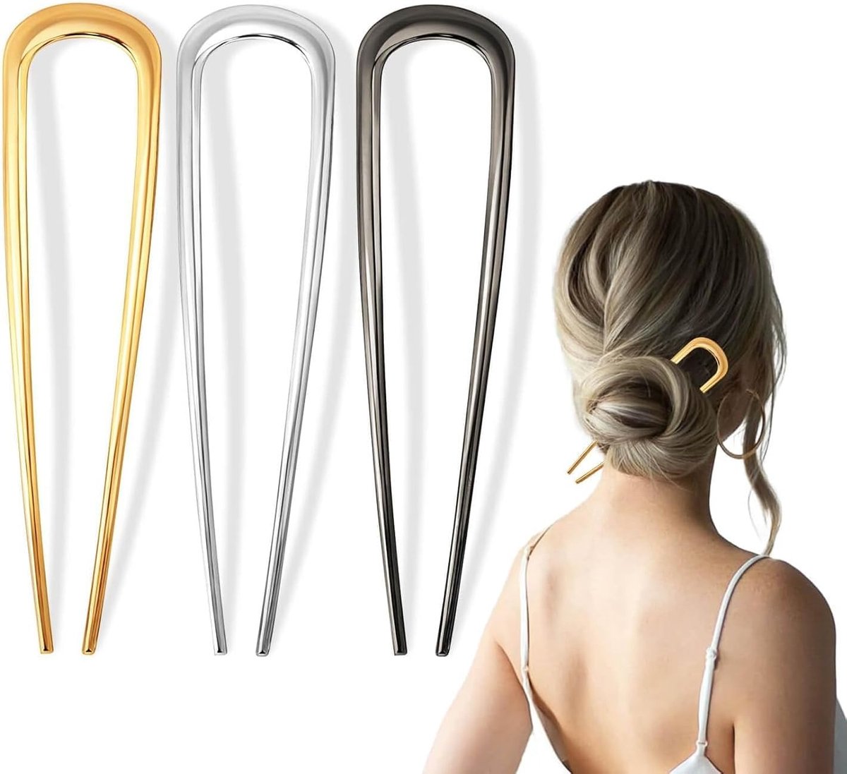 Haarspelden 14 cm, French Hair Pin Metaal U-vorm, grote spelden voor knot, French Twist Pin voor knot en krullen, goud, zilver, zwart