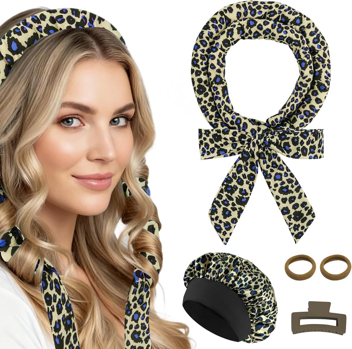 Krulspelden voor 's nachts, heatless overnight krullen, zonder hitte, voor lang haar, haarspoedels, krulspelden zonder hitte, doe-het-zelf set (blauw luipaardpatroon)