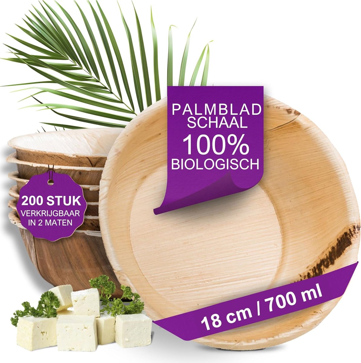 Palmblad Schaal – 200x Grote Ronde Schaal Ø 18cm / 700 ml - Composteerbaar Eersteklas Wegwerp Kommen - vergelijkbaar met Wooden en Bamboo Disposable Bowl