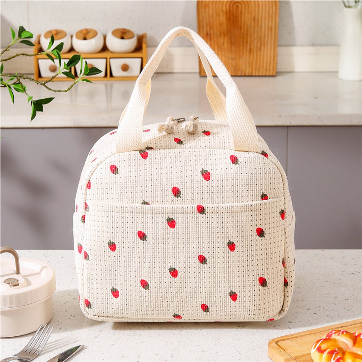 Geïsoleerde lunchtas, dameshandtas, corduroy lunchtas, universele corduroy lunchtas, geschikt voor werk, school, picknicks, enz., draagbaar en praktisch,Kleine aardbei